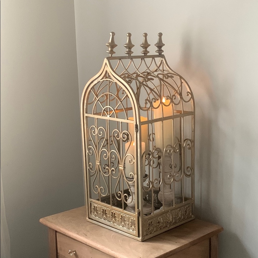 Elegant Gold Candle Holder Lantern bird cage large metal outdoor indoor home 28" - Picture 4 of 11